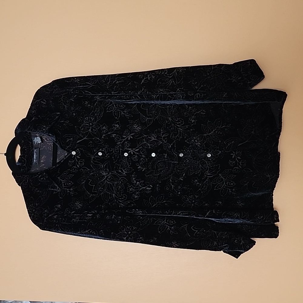 Women's Liz Claiborne Black Rayon Silk Bl end Devore (burnout) Shirt sz 6
